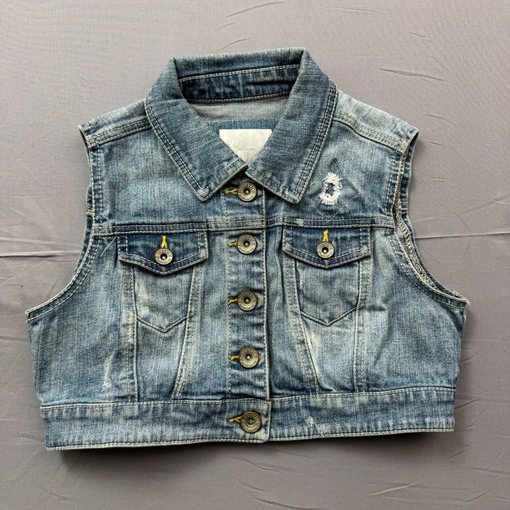 Justice Girls Medium Wash Distressed Cropped Denim Vest Size 12 Trucker Jacket